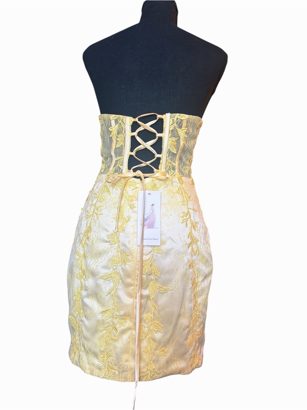 Yellow Lace Corset Mini Dress / Floral Embroidery Bodycon Dress - Picture 6 of 11